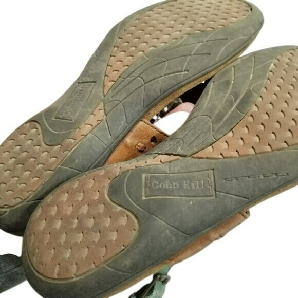 Cobb Hill Womens Leather Sandals Size 7M Green & Tan Strappy Thong Cushioned - Picture 3 of 11